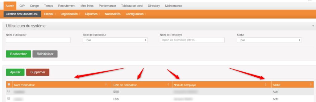 Zoom sur la Gestion des utilisateurs via Orange HRM