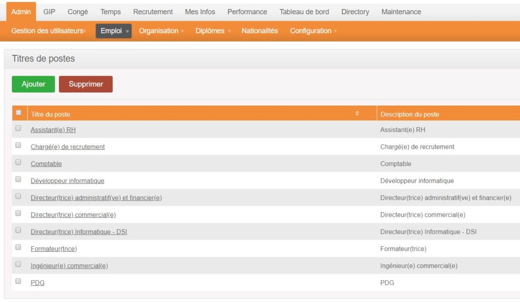 orangeHRM - voir tous les titres-de-postes